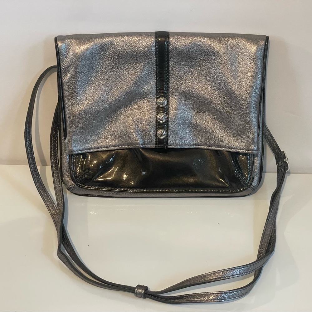 Brighton Nolita Pewter Leather Crossbody Handbag Magnetic Foldover Excellent